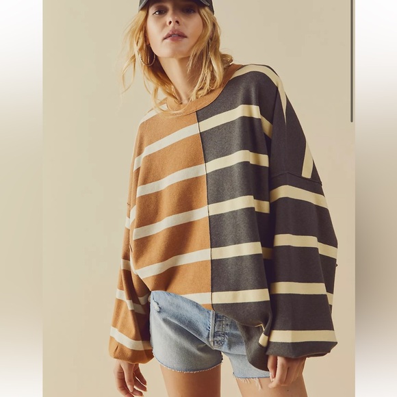 Free People Tops - Free People Women's Free Uptown Stripe Crewneck Pullover Spiced Oatmeal Combo M